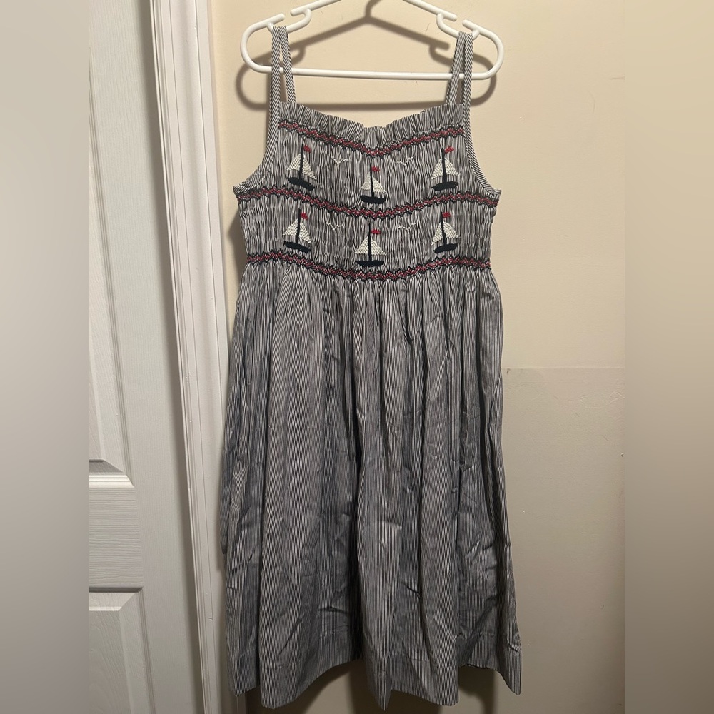 NWT Rachel Riley Size 7 Red, White & Blue Sailboat Embroidered Smocked Dress